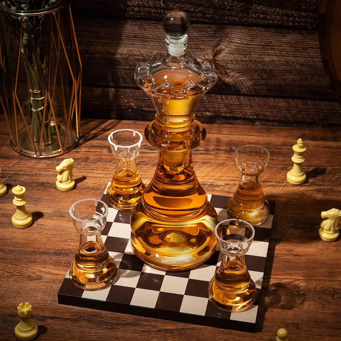 Chess Decanter Set - Wine and Whiskey Decanter with 4 Rook Shot Glasses and Elegant Queen Decanter