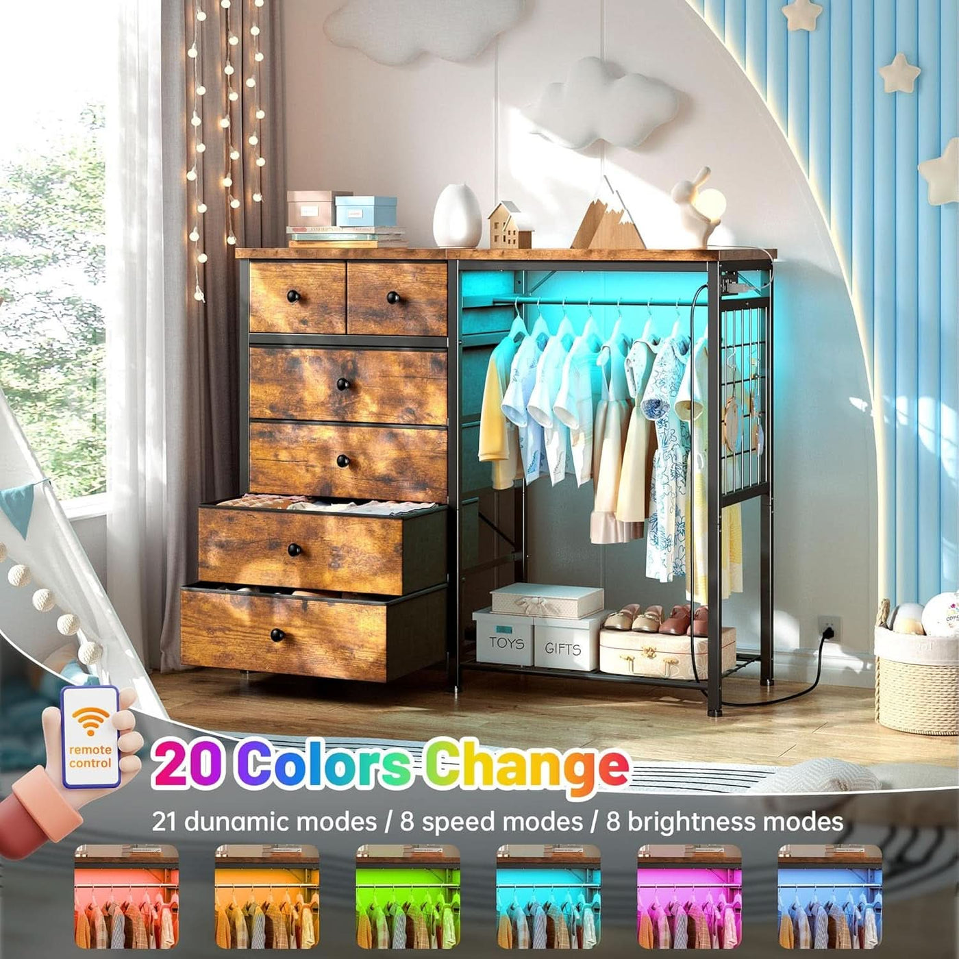49-inch Rustic Brown Dresser with Clothes Rack and LEDs
