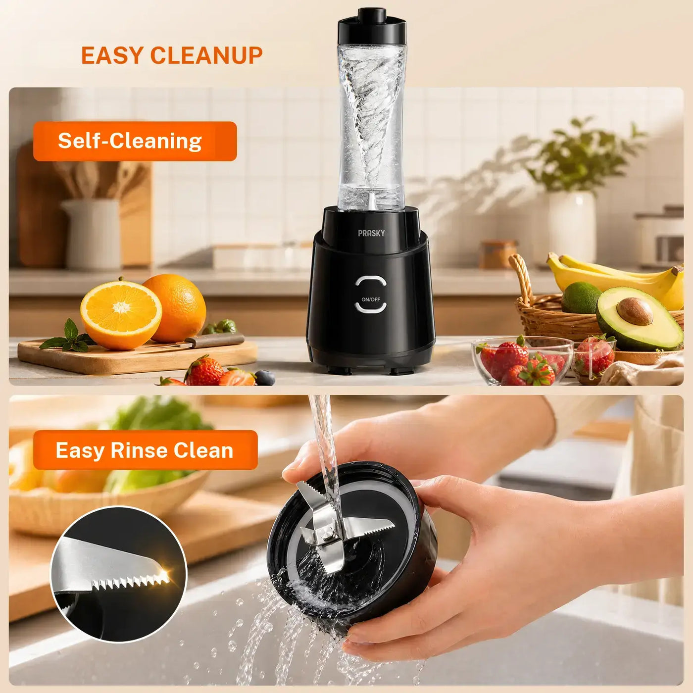 Prasky Pro Smoothie Blender 900W ,Personal Blender with 2 BPA Portable Cups (20Oz + 24Oz), Crushes Ice, Frozen Fruit, Nuts & Spices, Makes Baby Food & Sauces, Easy to Clean, Perfect for Home, Gym & Office, Blenders for Kitchen, Personal Blender for Smoot