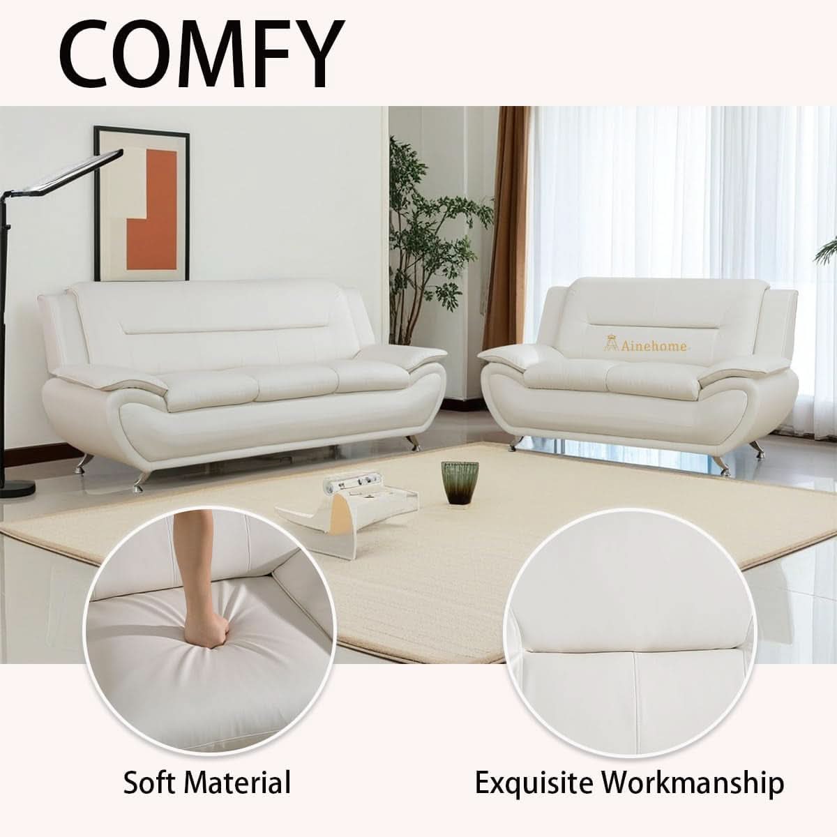 Creamy White 5-Seat Faux Leather Sectional Sofa