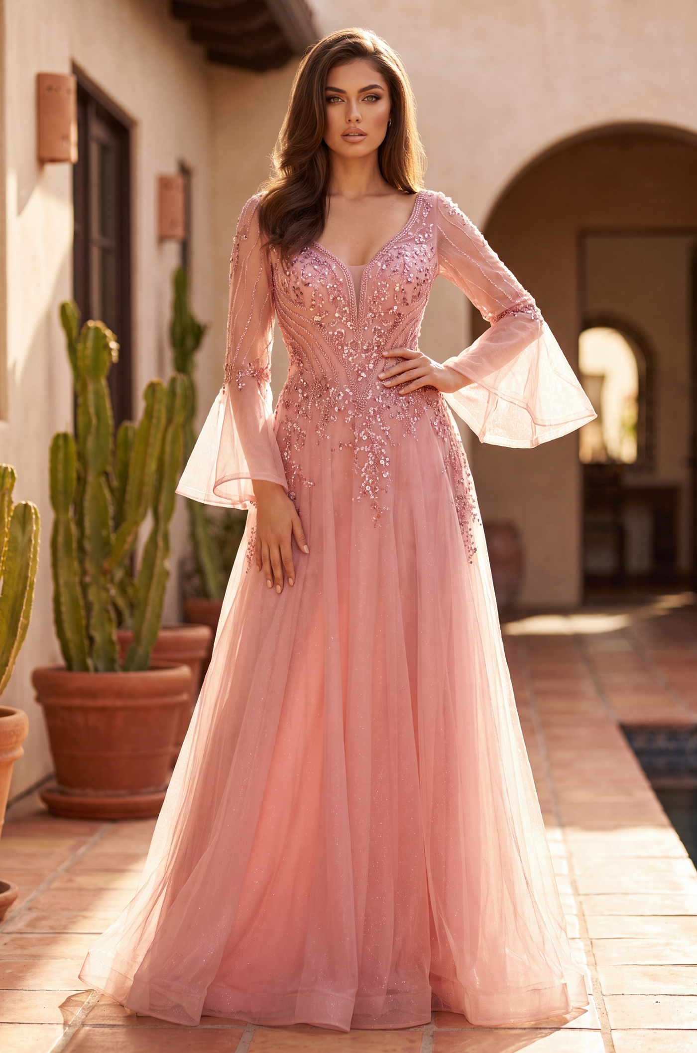 Bell-Sleeve Lace Mother of the Bride Gown