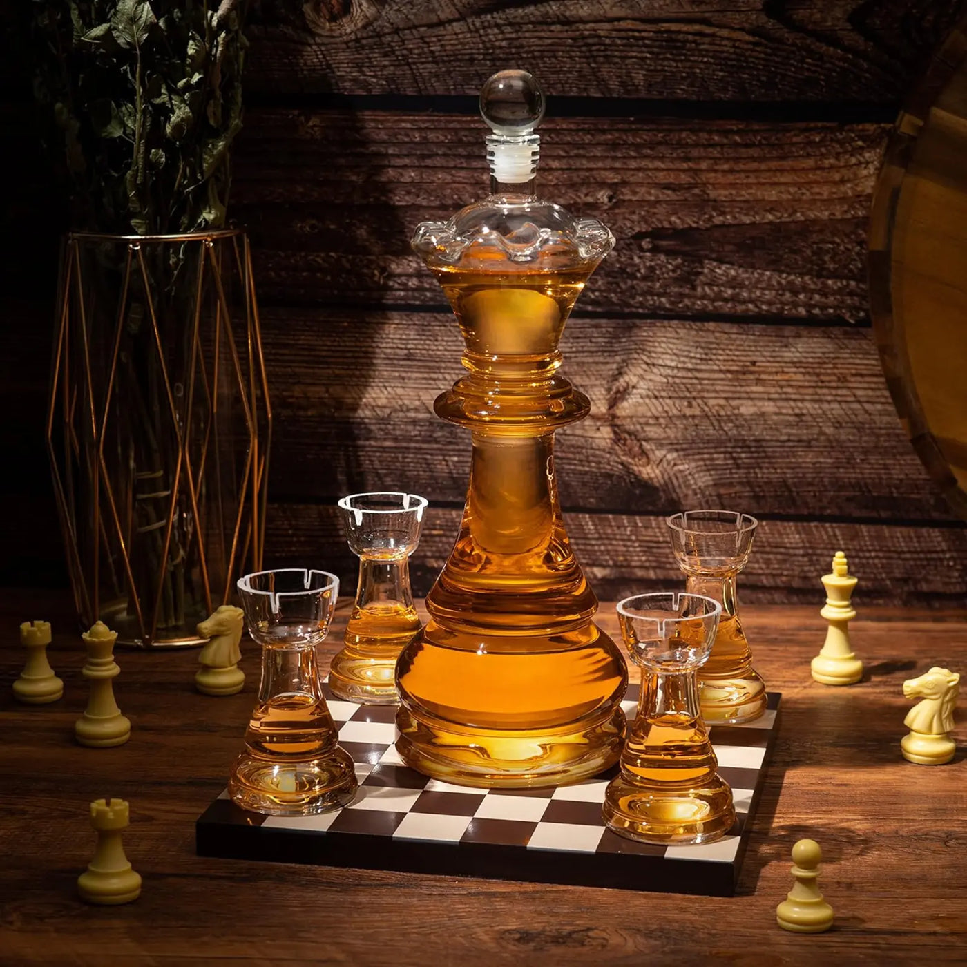 Chess Decanter Set - Wine and Whiskey Decanter with 4 Rook Shot Glasses and Elegant Queen Decanter