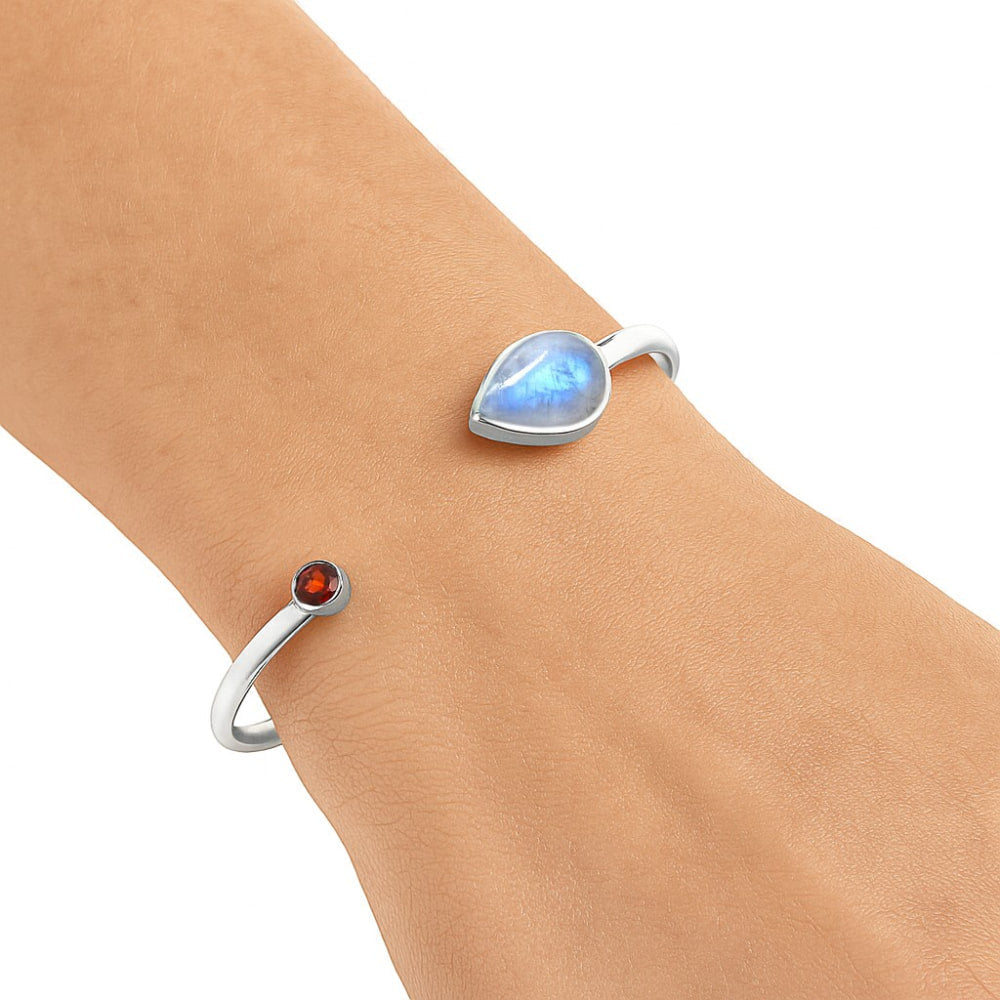 Rainbow Moonstone and Garnet Cuff Bracelet B-1004