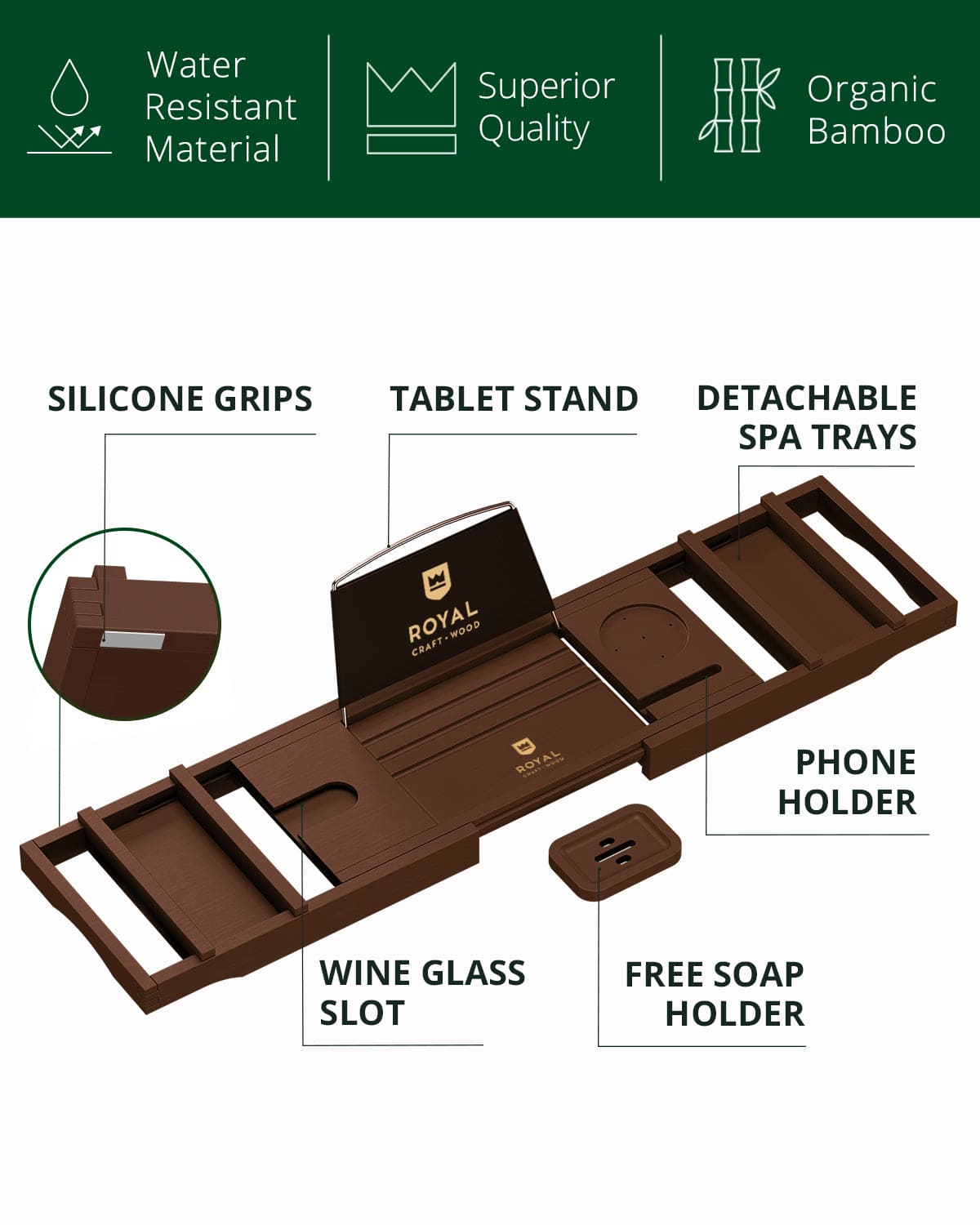 Royal Craft Wood Brown Bathtub Caddy Tray