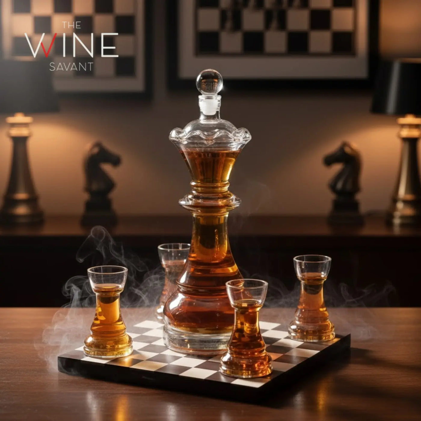 Chess Decanter Set - Wine and Whiskey Decanter with 4 Rook Shot Glasses and Elegant Queen Decanter