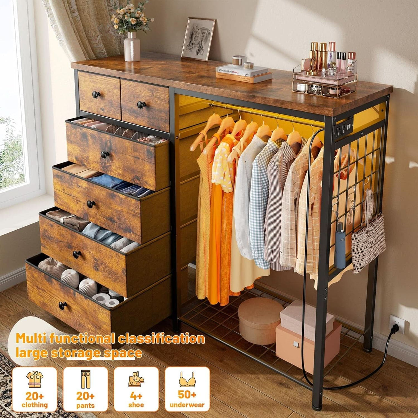 49-inch Rustic Brown Dresser with Clothes Rack and LEDs