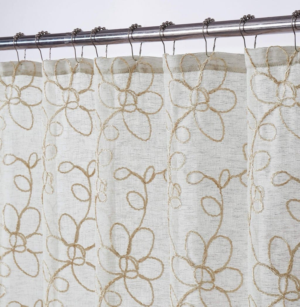 Tan and White Floral Embroidered Shower Curtain