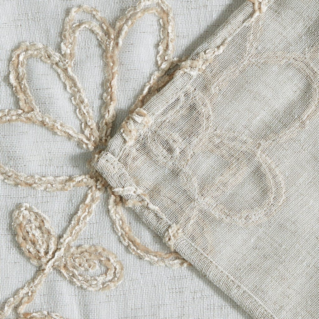 Tan and White Floral Embroidered Shower Curtain