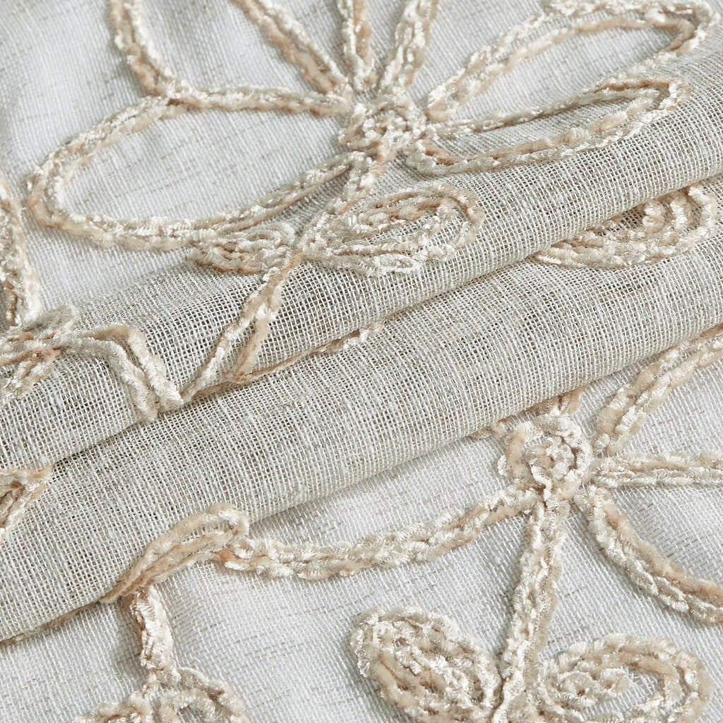 Tan and White Floral Embroidered Shower Curtain
