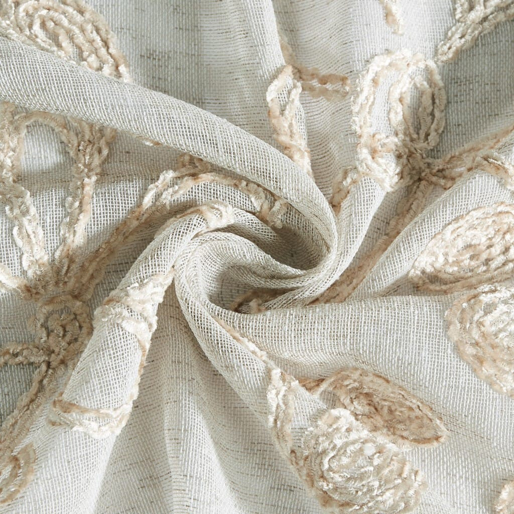 Tan and White Floral Embroidered Shower Curtain