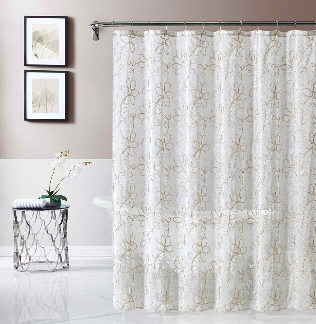 Tan and White Floral Embroidered Shower Curtain