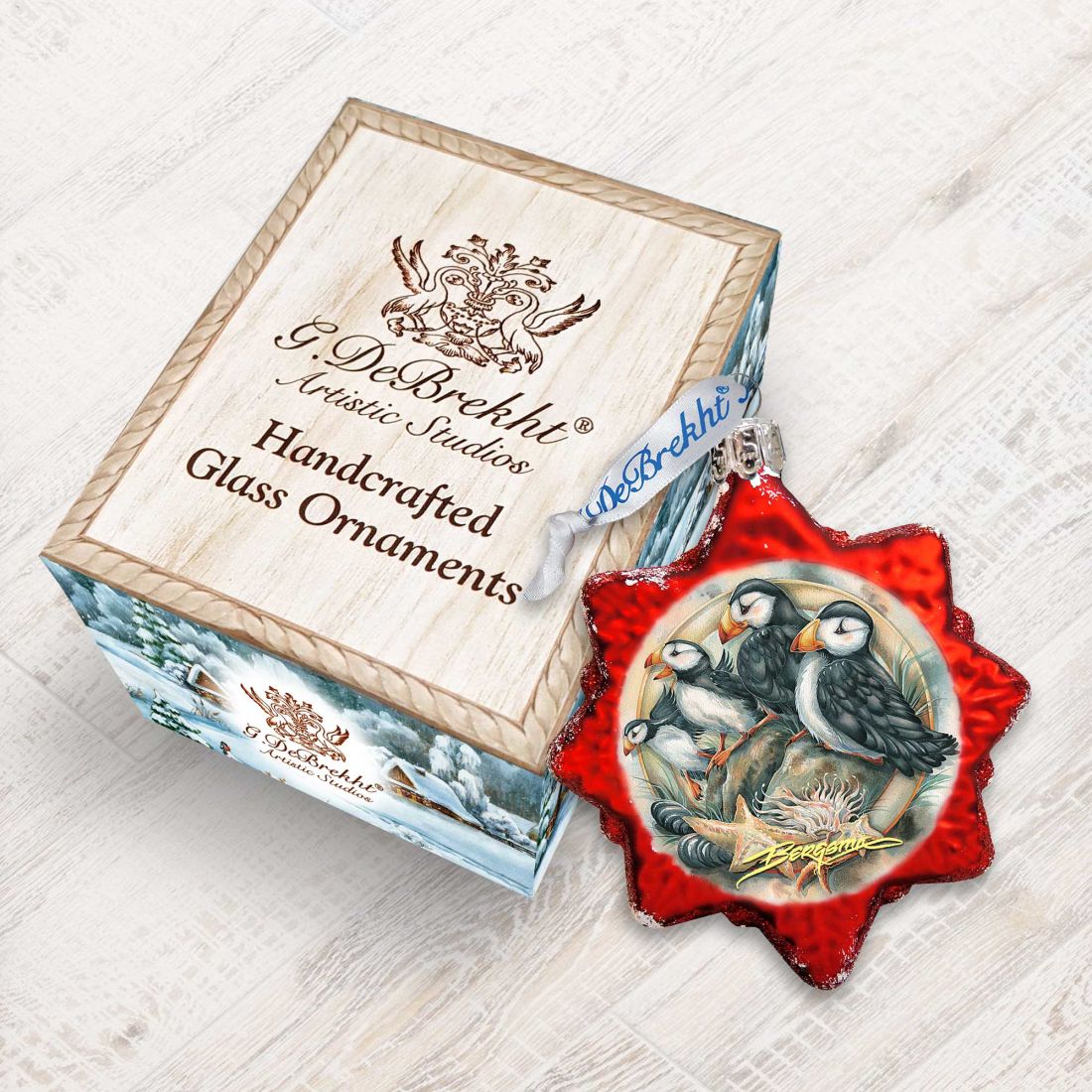 J. Bergsma Puffins Mercury Glass Ornament