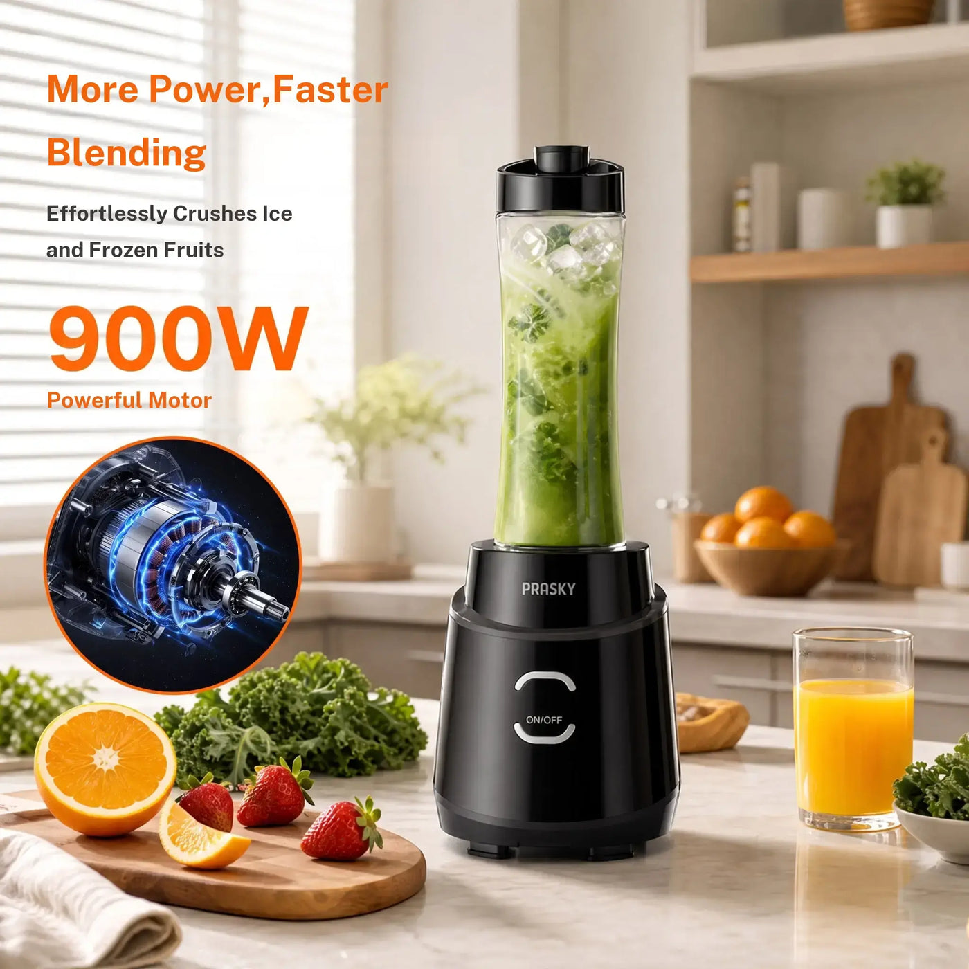 Prasky Pro Smoothie Blender 900W ,Personal Blender with 2 BPA Portable Cups (20Oz + 24Oz), Crushes Ice, Frozen Fruit, Nuts & Spices, Makes Baby Food & Sauces, Easy to Clean, Perfect for Home, Gym & Office, Blenders for Kitchen, Personal Blender for Smoot