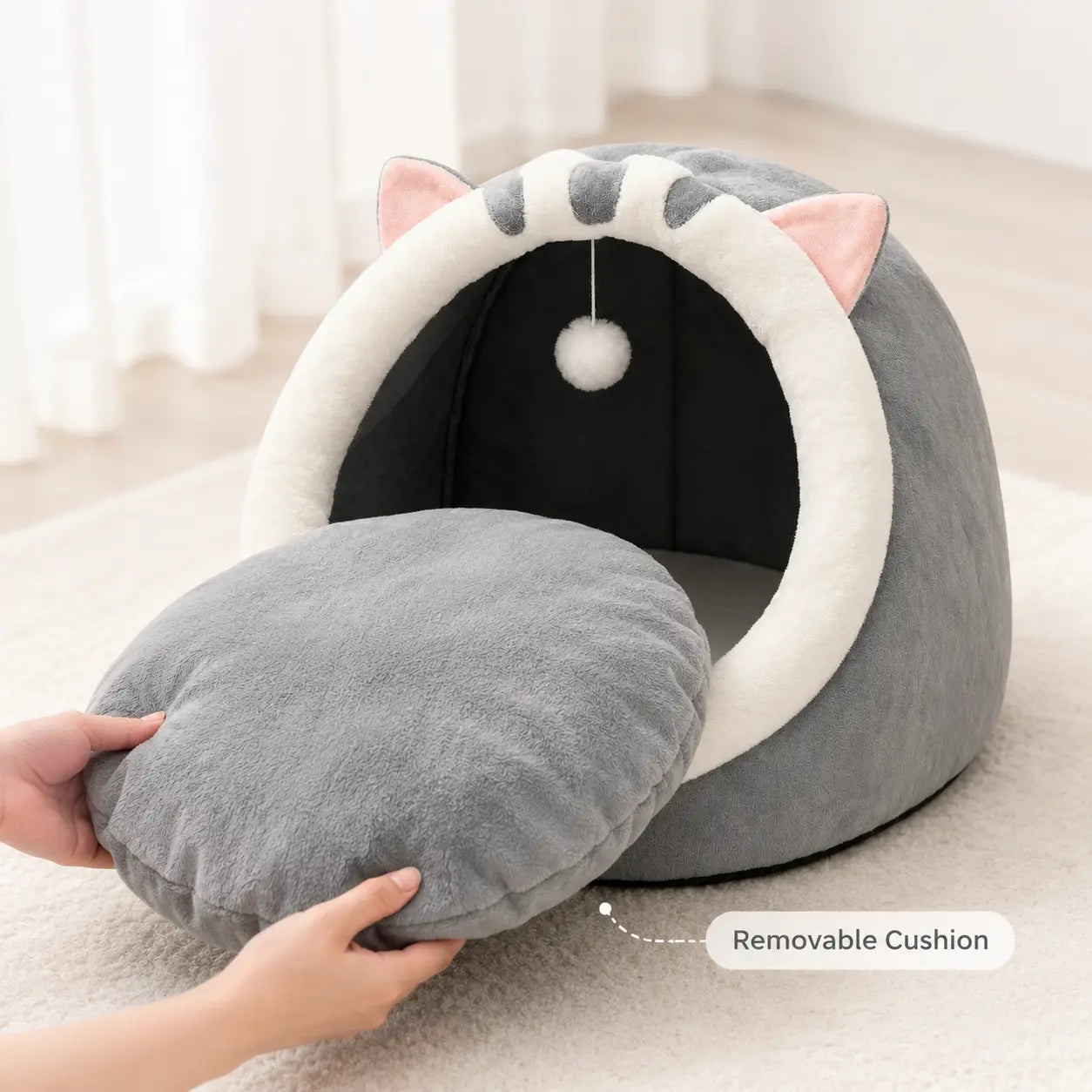 Rescue Kitten Bed - Plush Enclosed Kitten Condo, Warm Fleece Interior Cave, Washable Collapsible Calming Hideaway, Non-Slip Base Circle Cushion for Indoor Small Felines