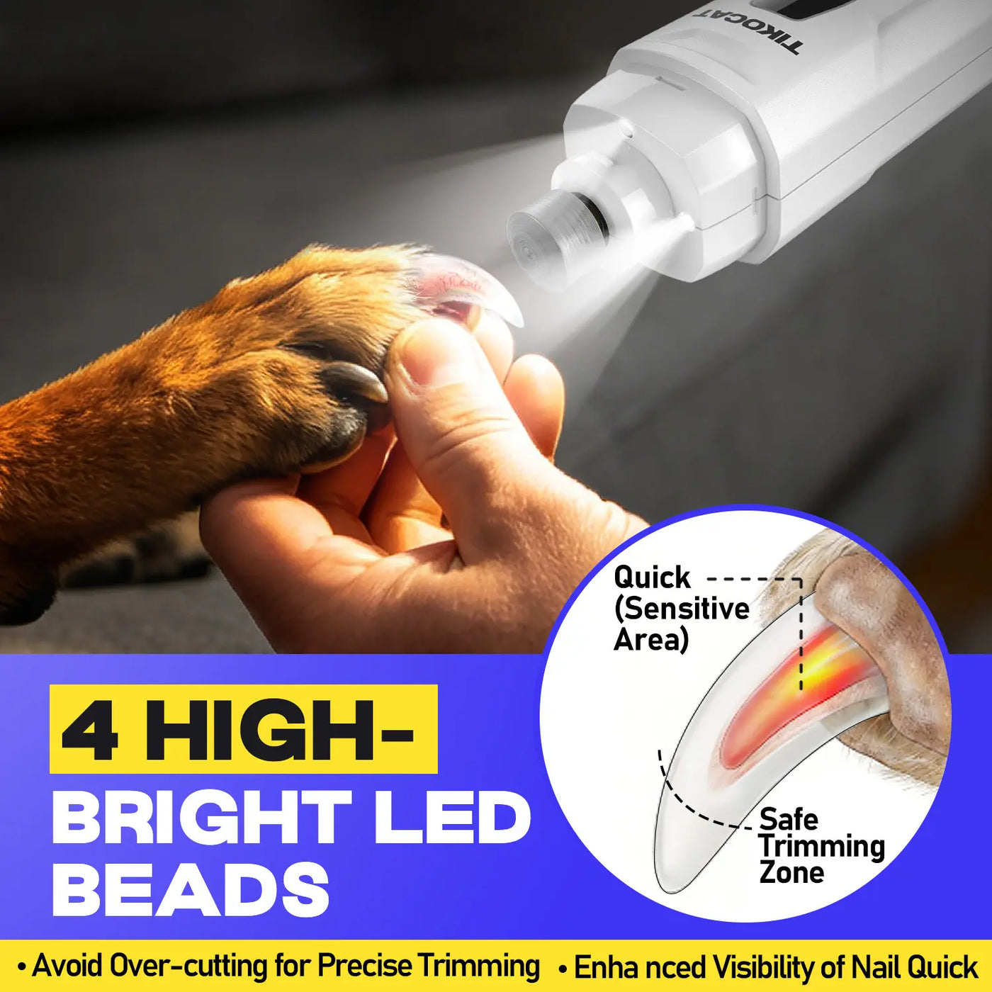 TIKOCAT Pet Nail Grinder,Ultra Quiet Electric Grooming Tool with 4 LED Lights, Safe & Stress-Free for Sensitive Dogs Cats of All Breeds & Sizes, 3 Grinding Bits, 6-Speed,Pet Nail Trimmers, Rechargeable Painless Grooming Trimmer with Dust Cup Sohochic