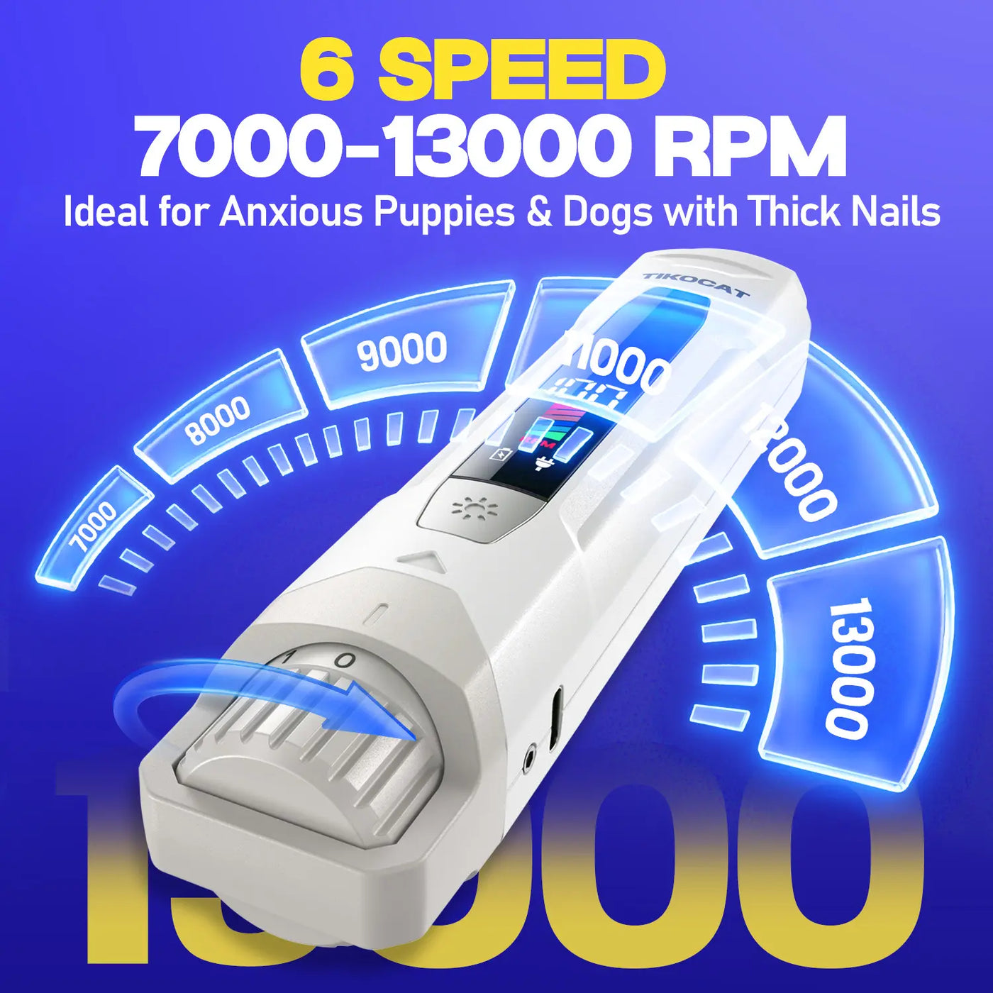 TIKOCAT Pet Nail Grinder,Ultra Quiet Electric Grooming Tool with 4 LED Lights, Safe & Stress-Free for Sensitive Dogs Cats of All Breeds & Sizes, 3 Grinding Bits, 6-Speed,Pet Nail Trimmers, Rechargeable Painless Grooming Trimmer with Dust Cup Sohochic