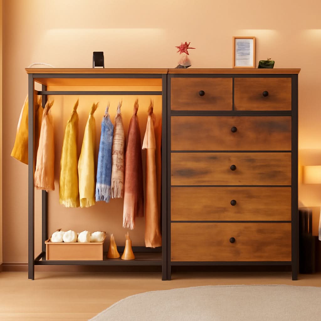 49-inch Rustic Brown Dresser with Clothes Rack and LEDs