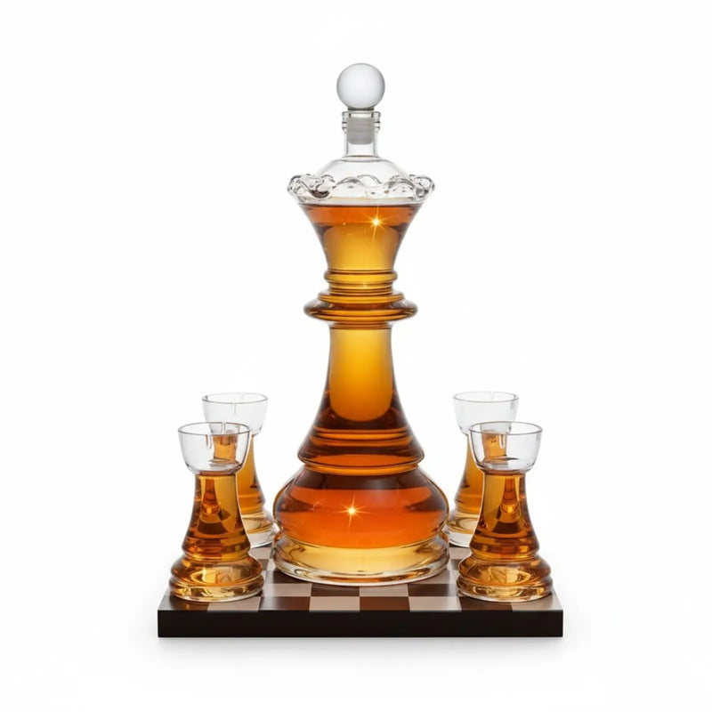 Chess Decanter Set - Wine and Whiskey Decanter with 4 Rook Shot Glasses and Elegant Queen Decanter