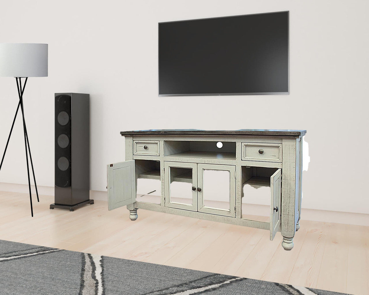 60-inch Ivory Solid Wood TV Stand with Open Shelves