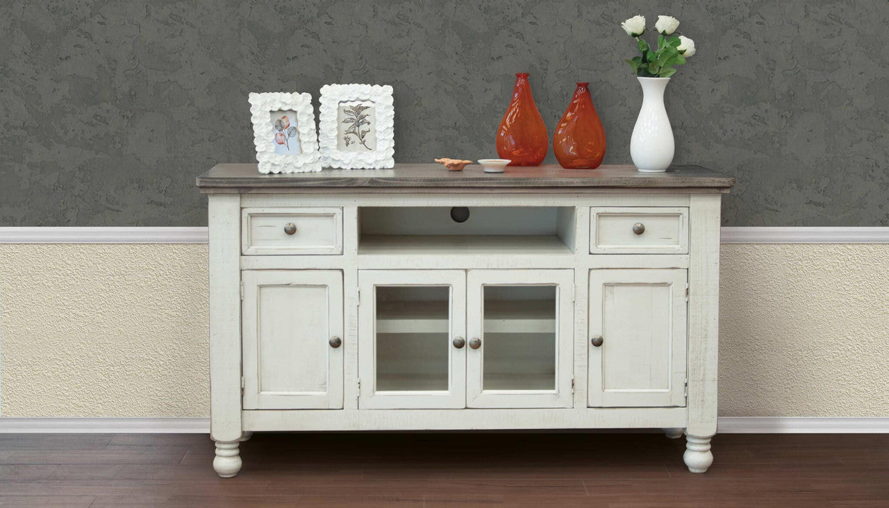 60-inch Ivory Solid Wood TV Stand with Open Shelves