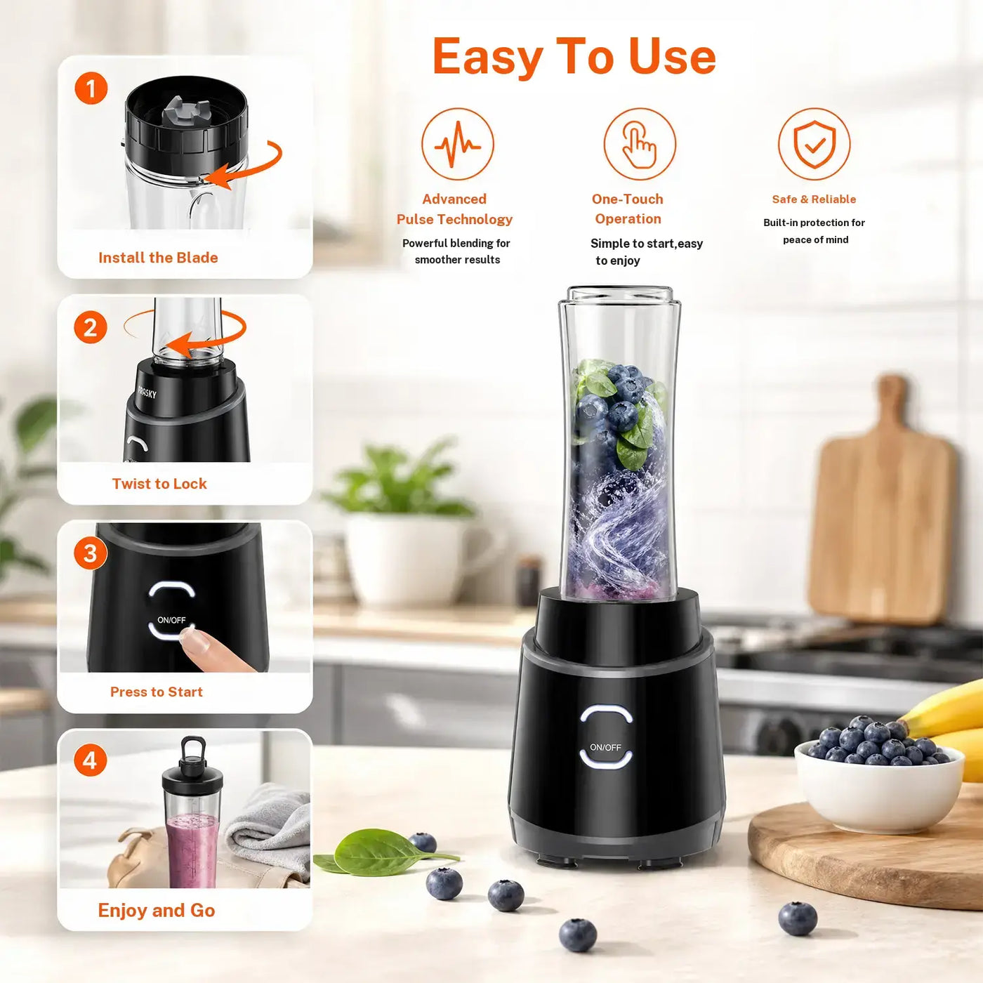 Prasky Pro Smoothie Blender 900W ,Personal Blender with 2 BPA Portable Cups (20Oz + 24Oz), Crushes Ice, Frozen Fruit, Nuts & Spices, Makes Baby Food & Sauces, Easy to Clean, Perfect for Home, Gym & Office, Blenders for Kitchen, Personal Blender for Smoot