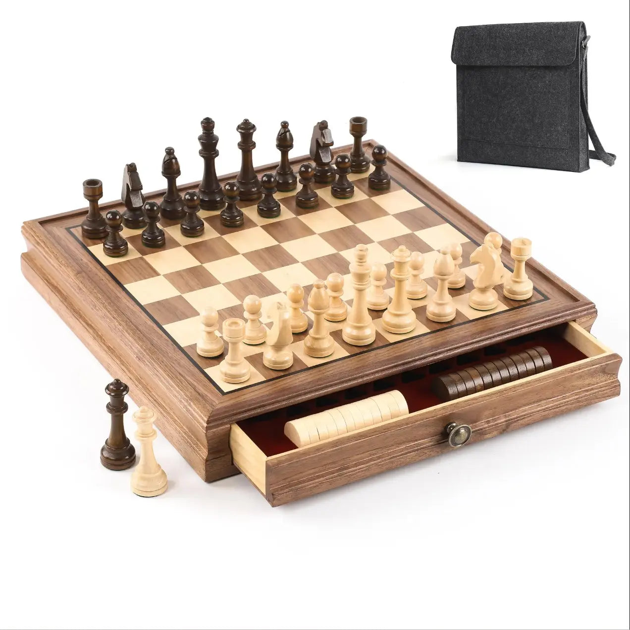Magnetic Chess Strategy Game Black Walnut Chess Retro Drawer Chess Board