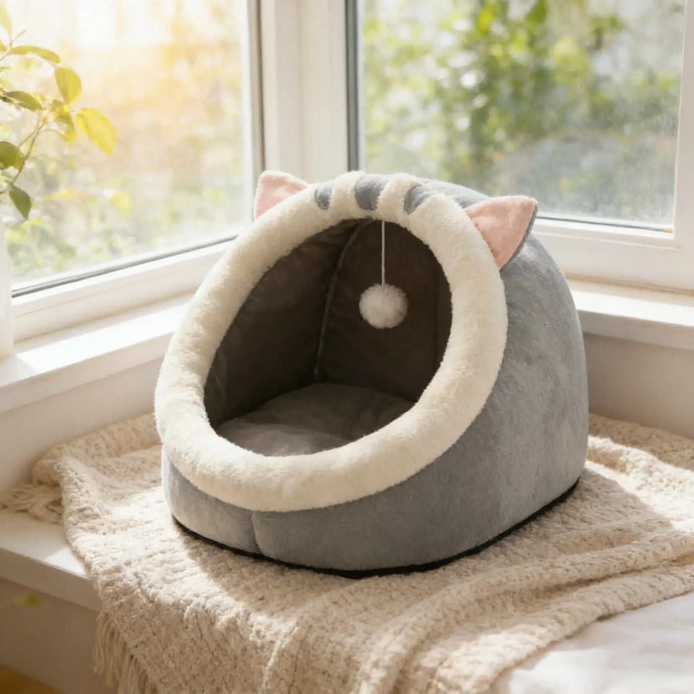 Rescue Kitten Bed - Plush Enclosed Kitten Condo, Warm Fleece Interior Cave, Washable Collapsible Calming Hideaway, Non-Slip Base Circle Cushion for Indoor Small Felines