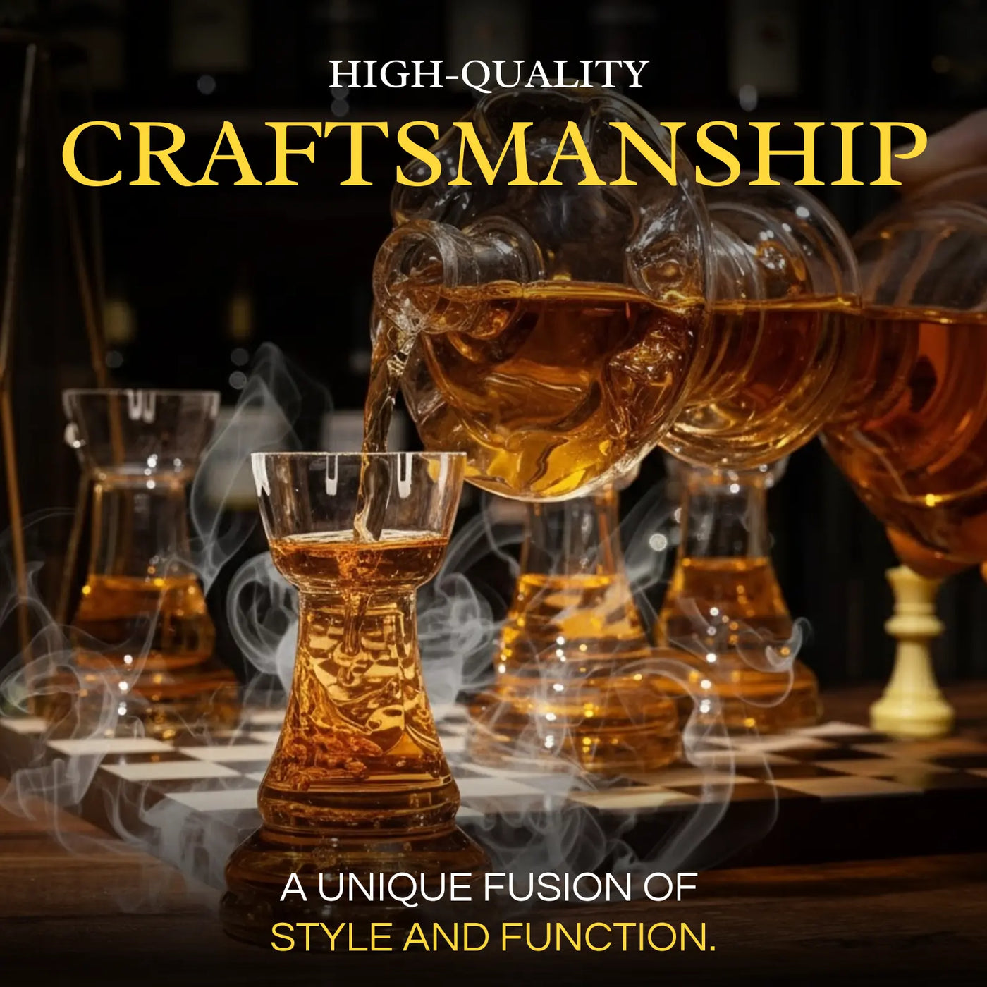 Chess Decanter Set - Wine and Whiskey Decanter with 4 Rook Shot Glasses and Elegant Queen Decanter