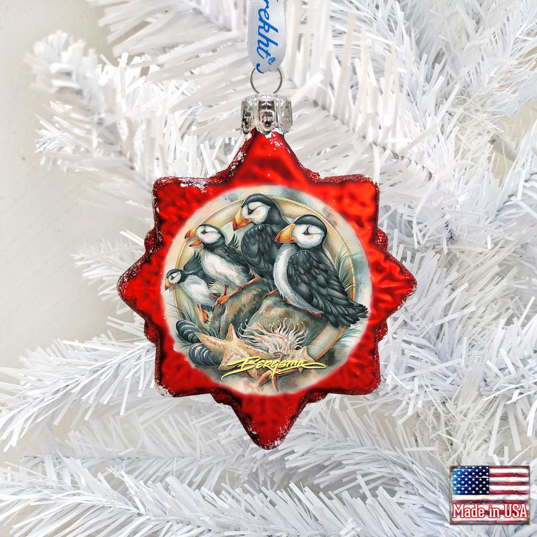 J. Bergsma Puffins Mercury Glass Ornament