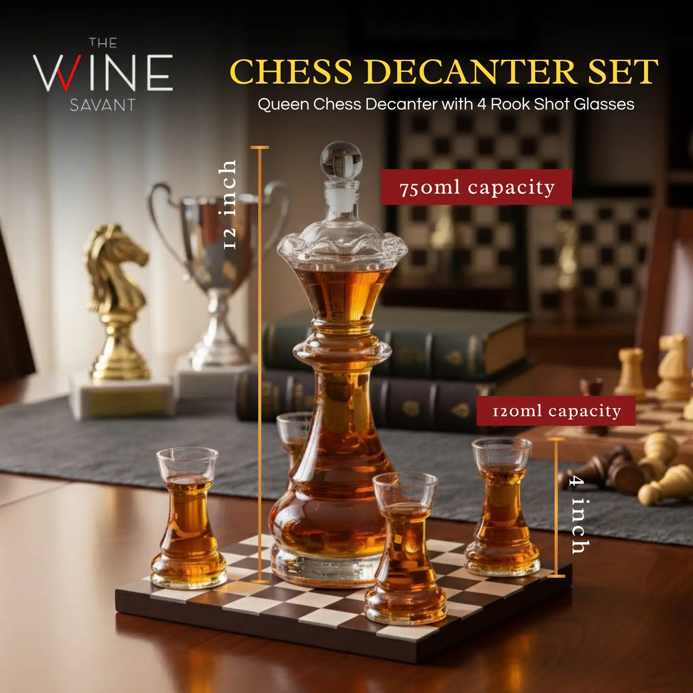 Chess Decanter Set - Wine and Whiskey Decanter with 4 Rook Shot Glasses and Elegant Queen Decanter