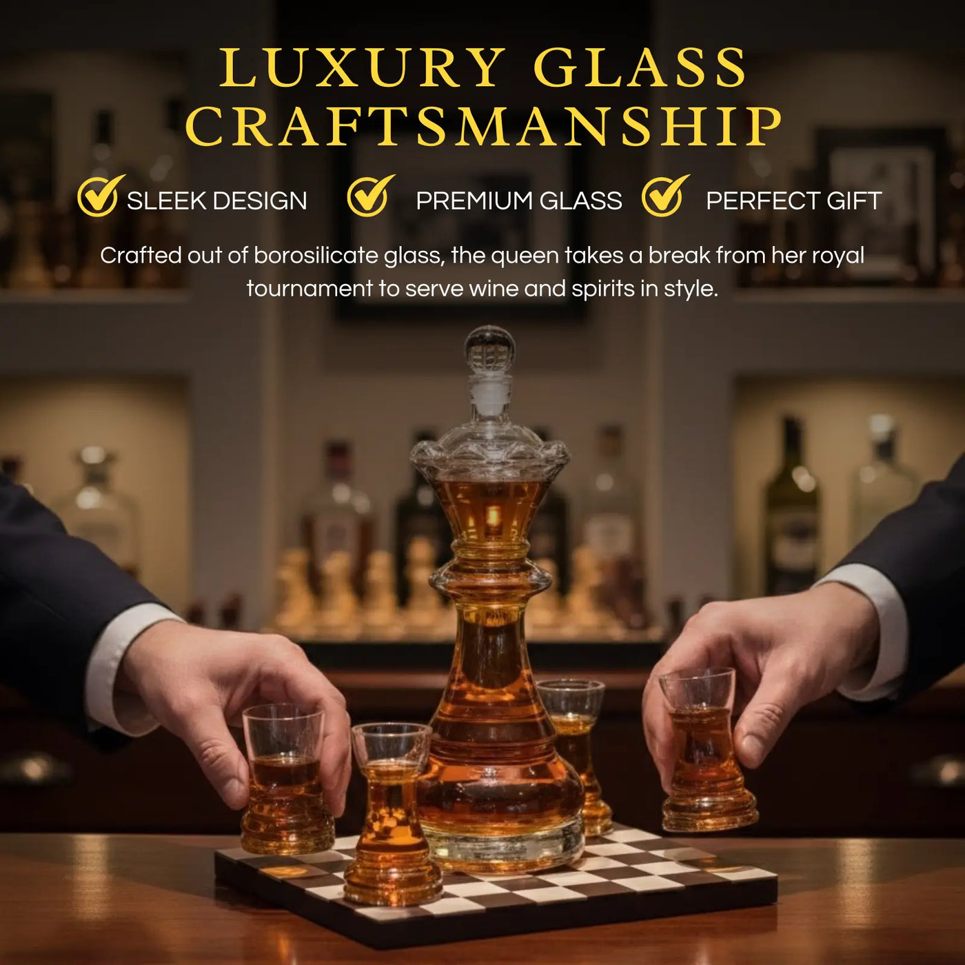 Chess Decanter Set - Wine and Whiskey Decanter with 4 Rook Shot Glasses and Elegant Queen Decanter