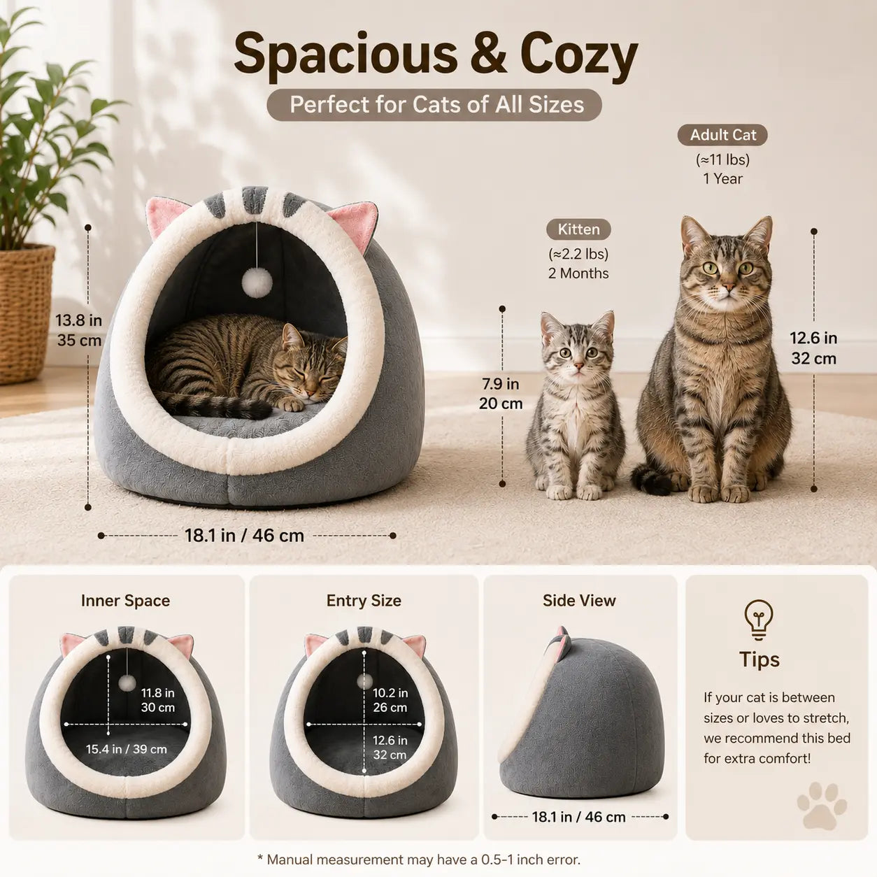 Rescue Kitten Bed - Plush Enclosed Kitten Condo, Warm Fleece Interior Cave, Washable Collapsible Calming Hideaway, Non-Slip Base Circle Cushion for Indoor Small Felines