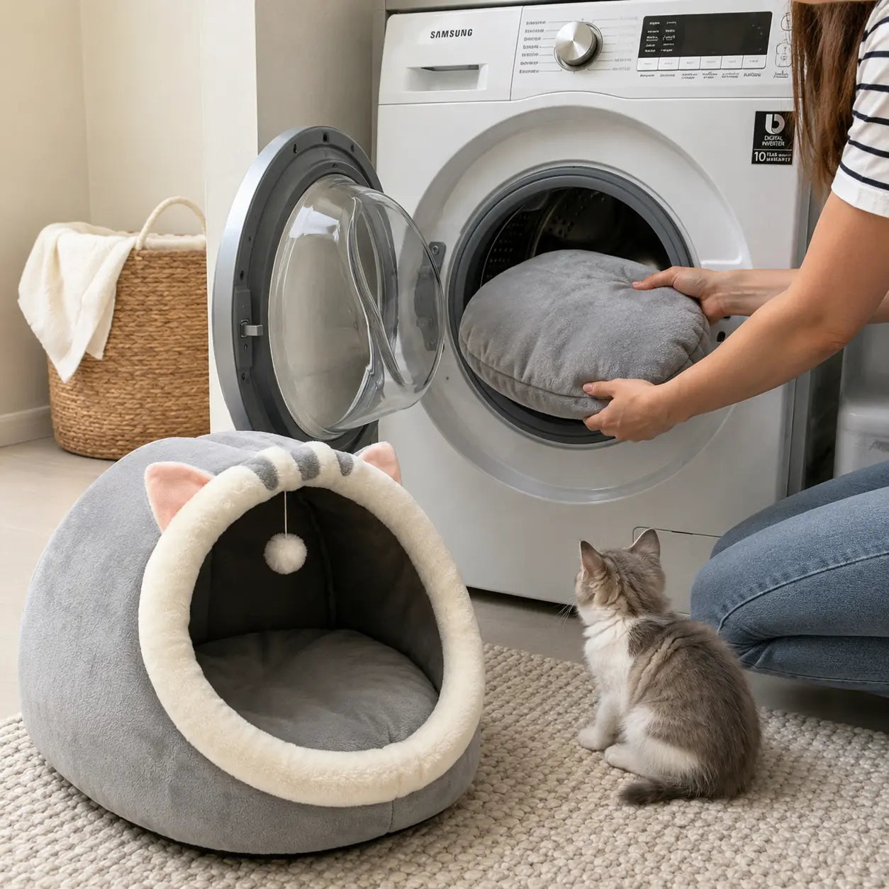Rescue Kitten Bed - Plush Enclosed Kitten Condo, Warm Fleece Interior Cave, Washable Collapsible Calming Hideaway, Non-Slip Base Circle Cushion for Indoor Small Felines