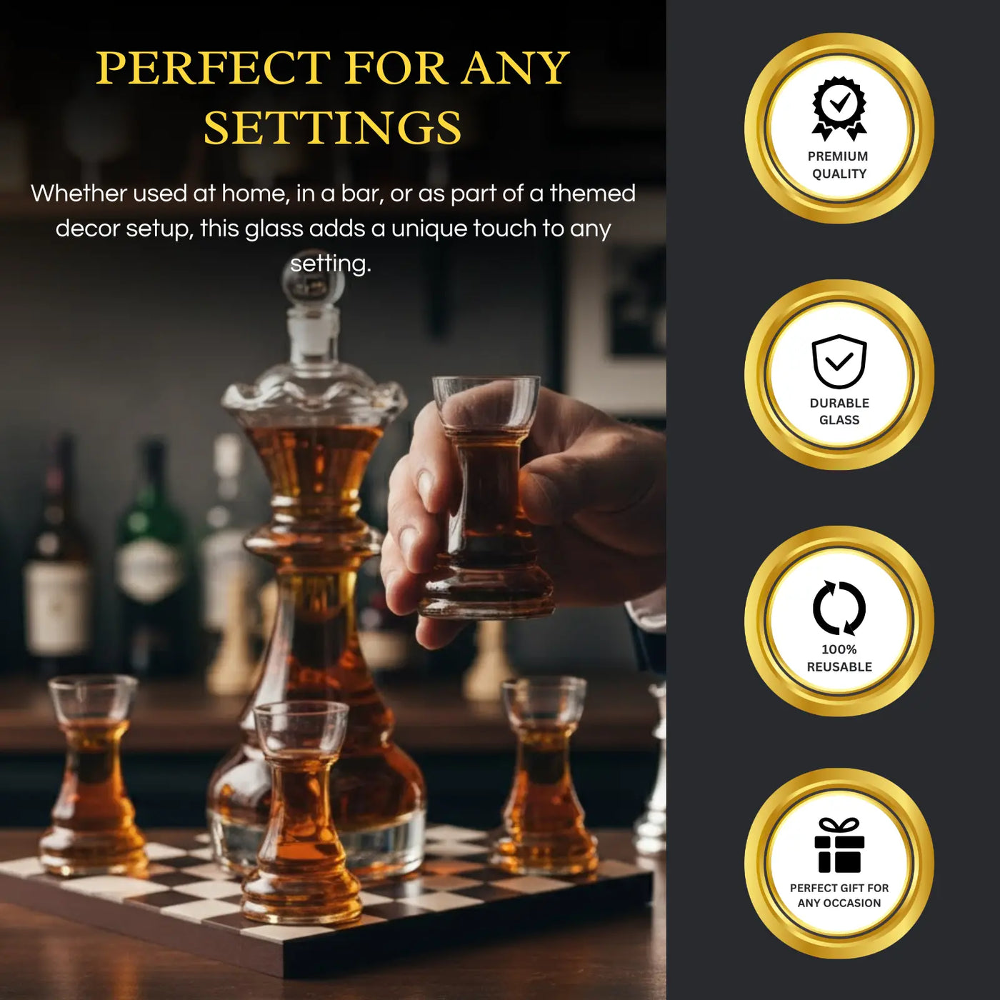 Chess Decanter Set - Wine and Whiskey Decanter with 4 Rook Shot Glasses and Elegant Queen Decanter