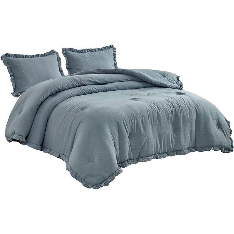 Full Blue Ruffled Comforter Set, 3 Pieces