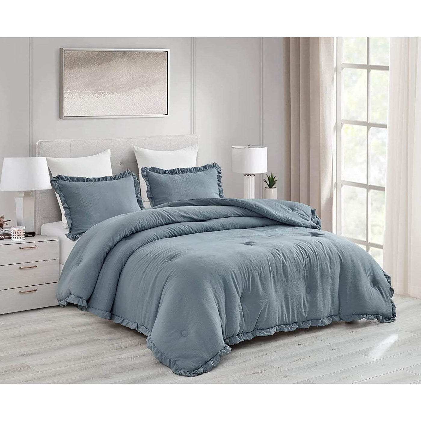 Full Blue Ruffled Comforter Set, 3 Pieces