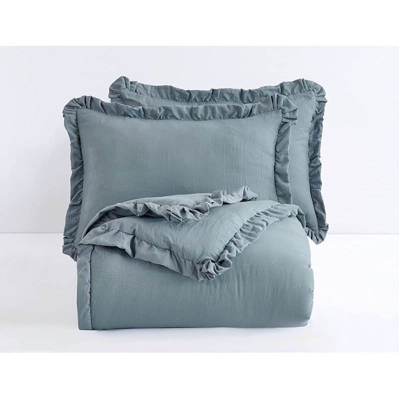 Full Blue Ruffled Comforter Set, 3 Pieces