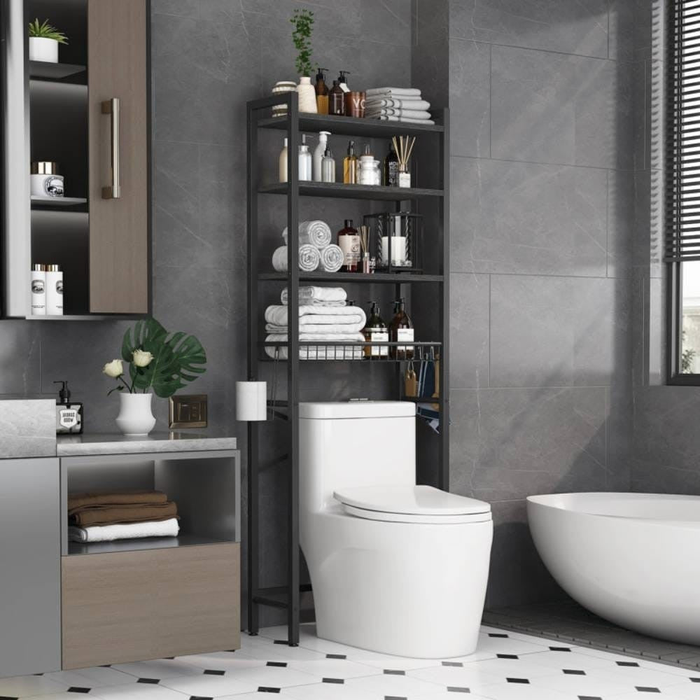 Black Over-Toilet Metal and Wood Shelving Unit