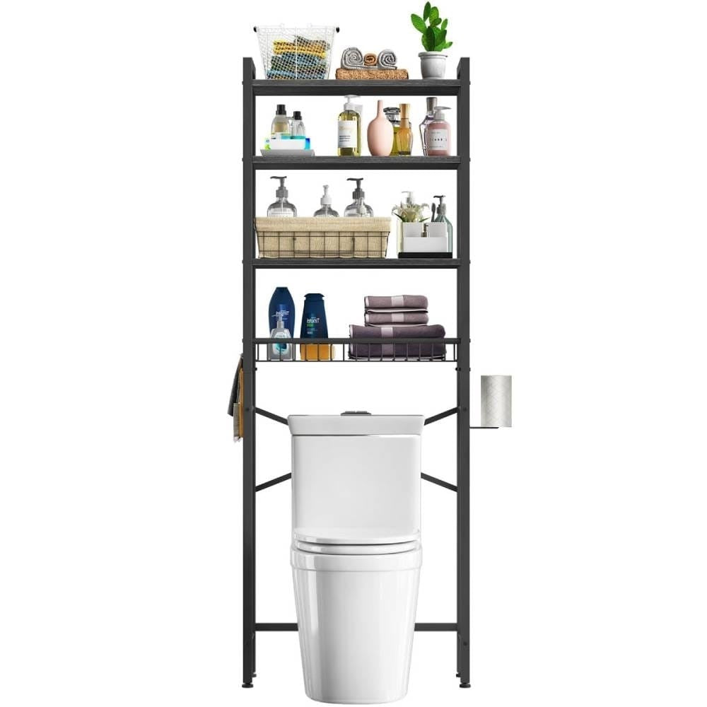 Black Over-Toilet Metal and Wood Shelving Unit