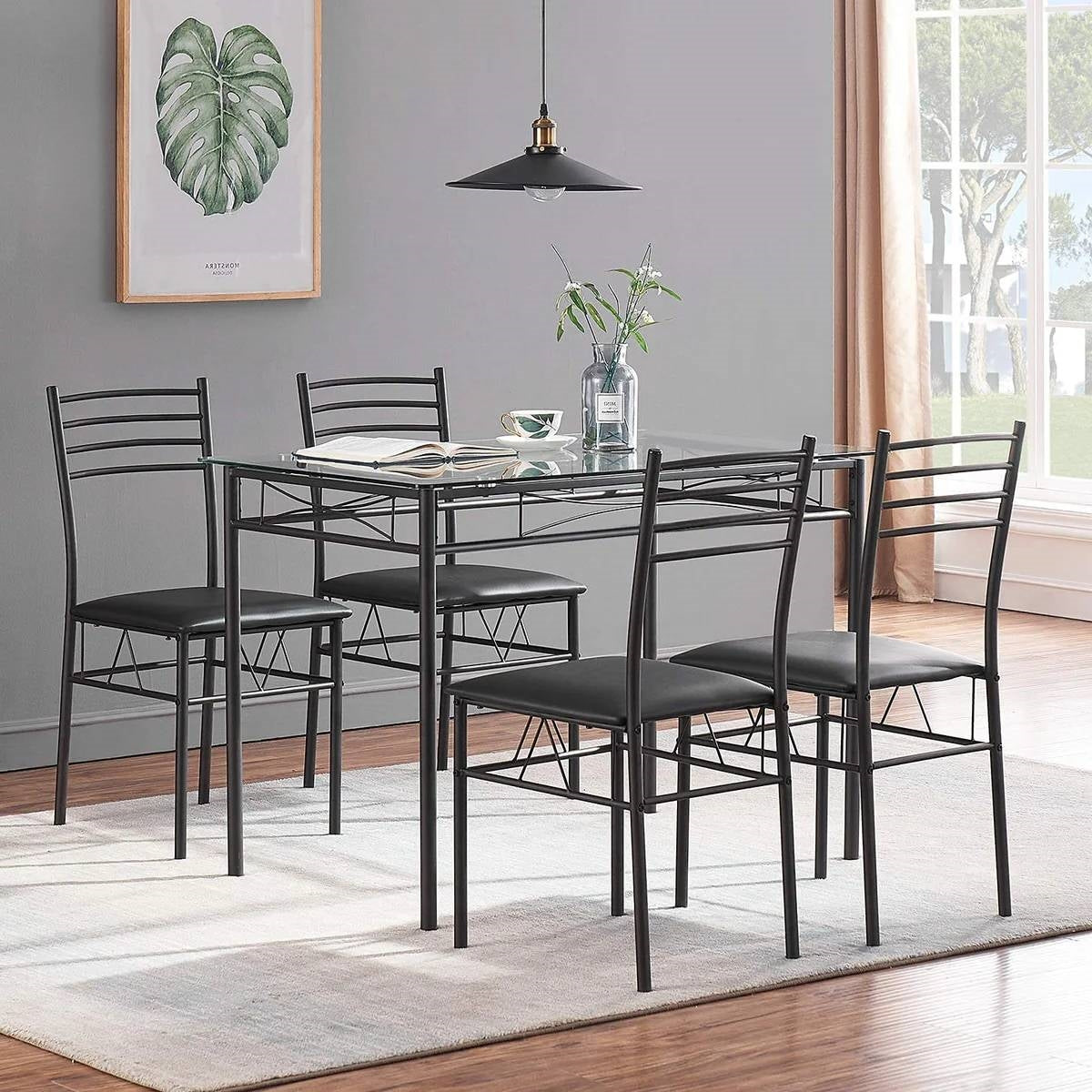 Black Glass-Top Dining Set with 4 Chairs