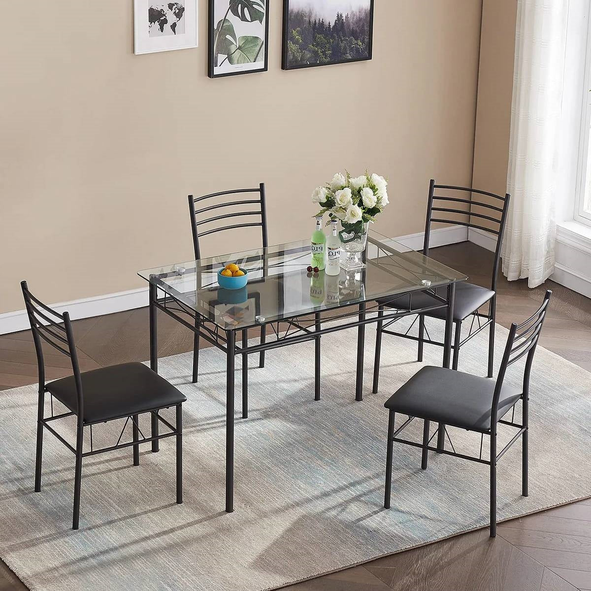 Black Glass-Top Dining Set with 4 Chairs