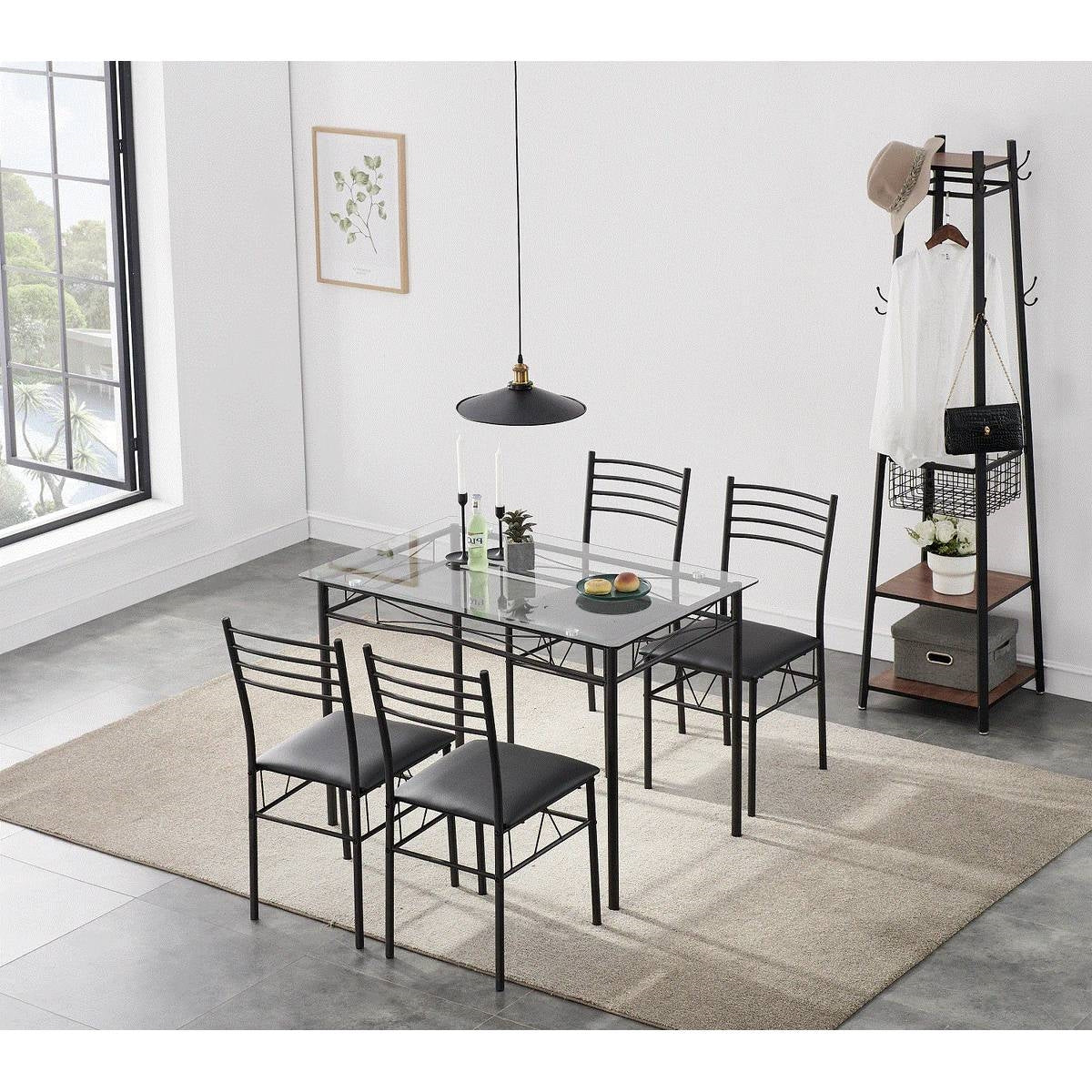 Black Glass-Top Dining Set with 4 Chairs