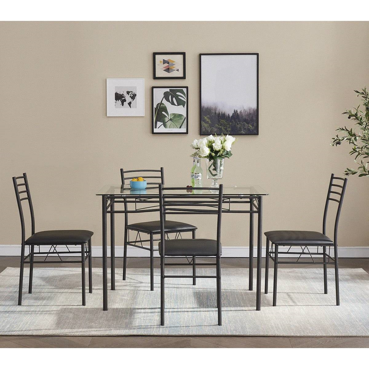 Black Glass-Top Dining Set with 4 Chairs