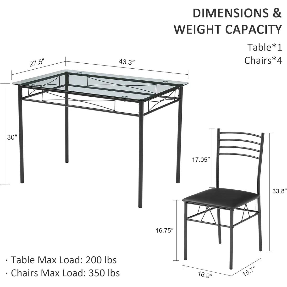 Black Glass-Top Dining Set with 4 Chairs