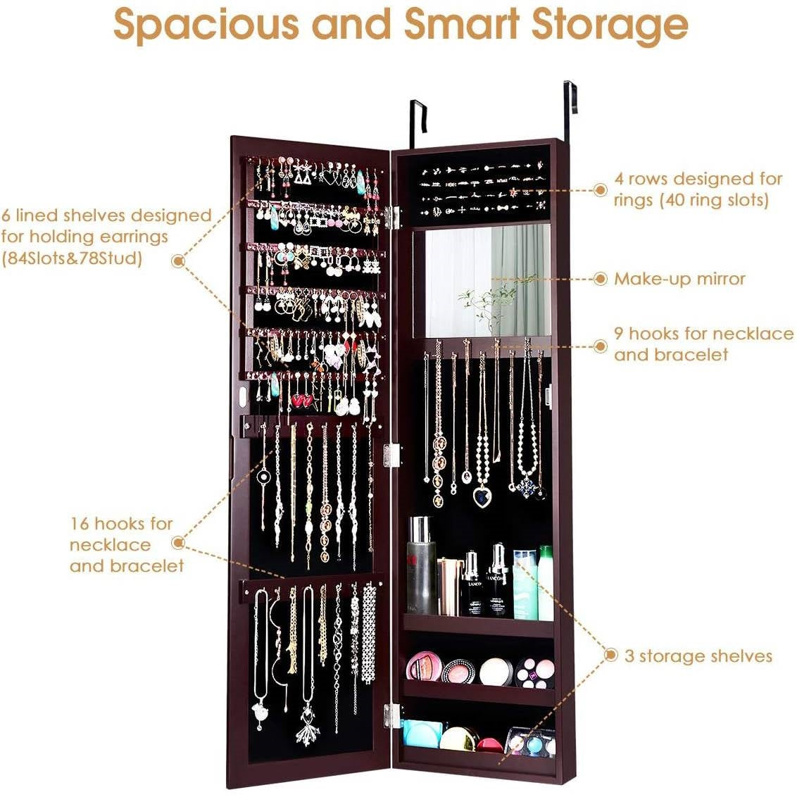 Dark Brown Jewelry Organizer with Full-Length Mirror