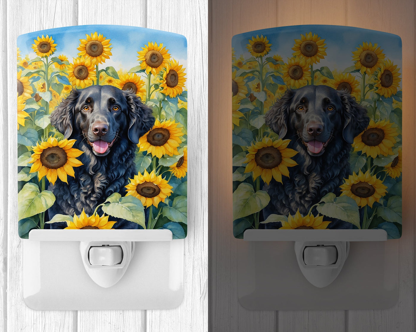 Curly-Coated Retriever in Sunflowers Ceramic Night Light