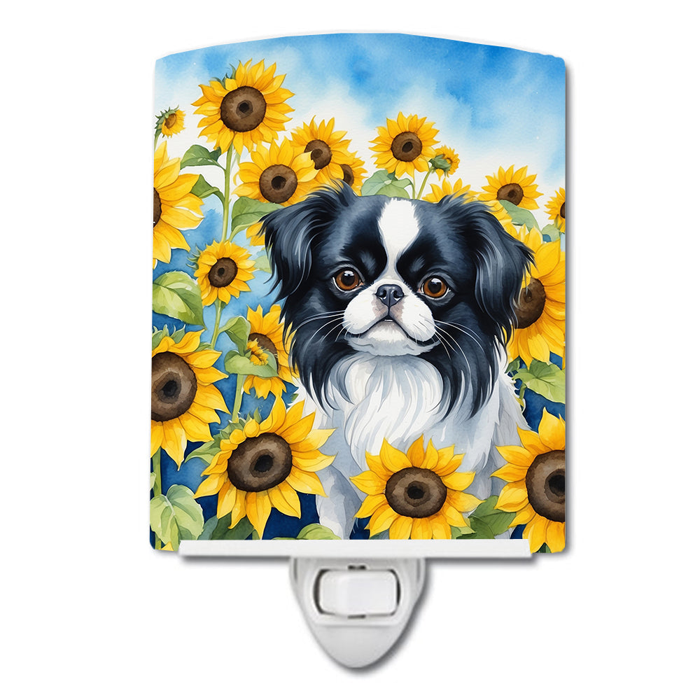 Japanese Chin in Sunflowers Ceramic Night Light