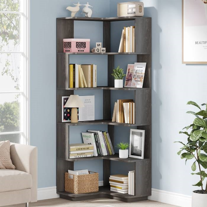 Dark Grey L-Shaped Corner Bookcase, 6 Shelves