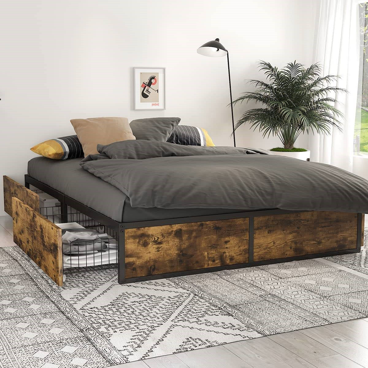 Full Metal and Wood Bed Frame with 4 Drawers