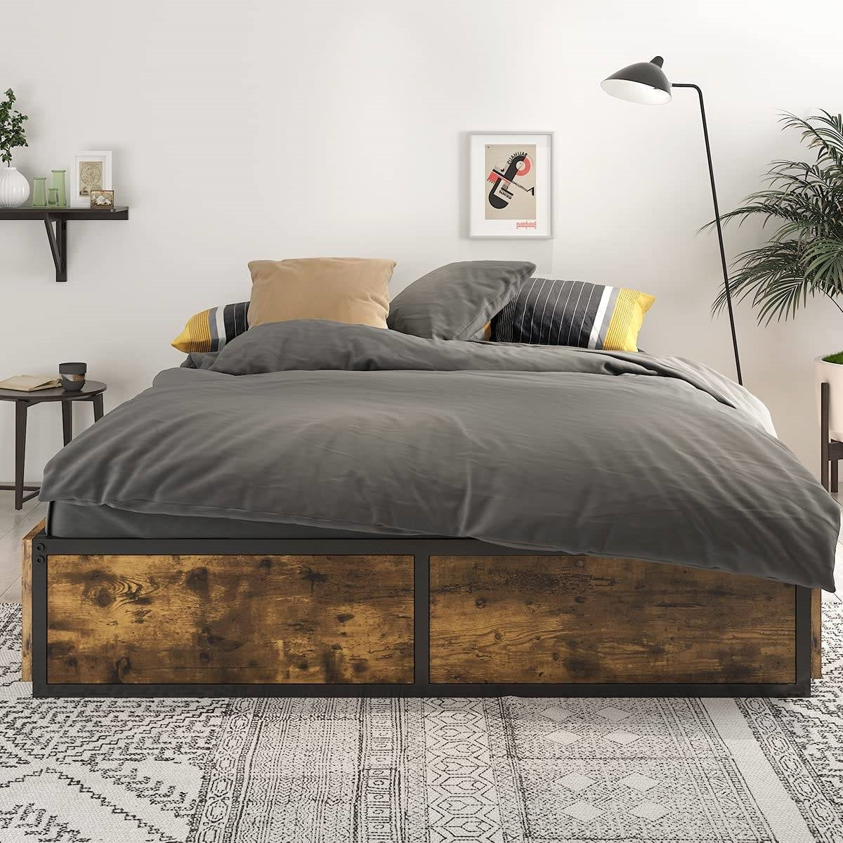 Full Metal and Wood Bed Frame with 4 Drawers